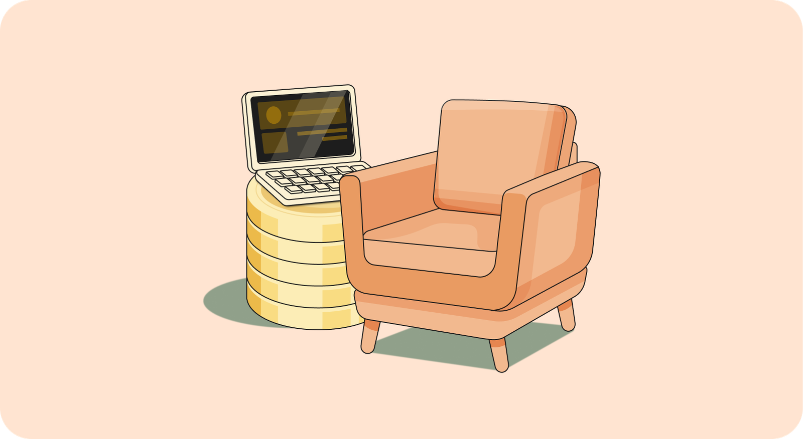 Illustration of an orange chair next to a yellow table with a laptop on top of it