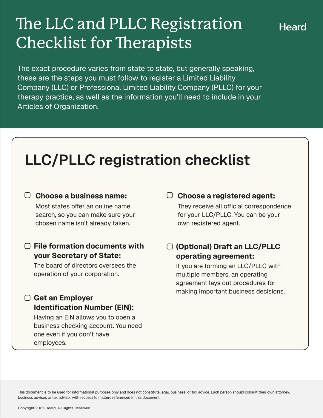 LLC and PLLC Registration Checklist for Therapists