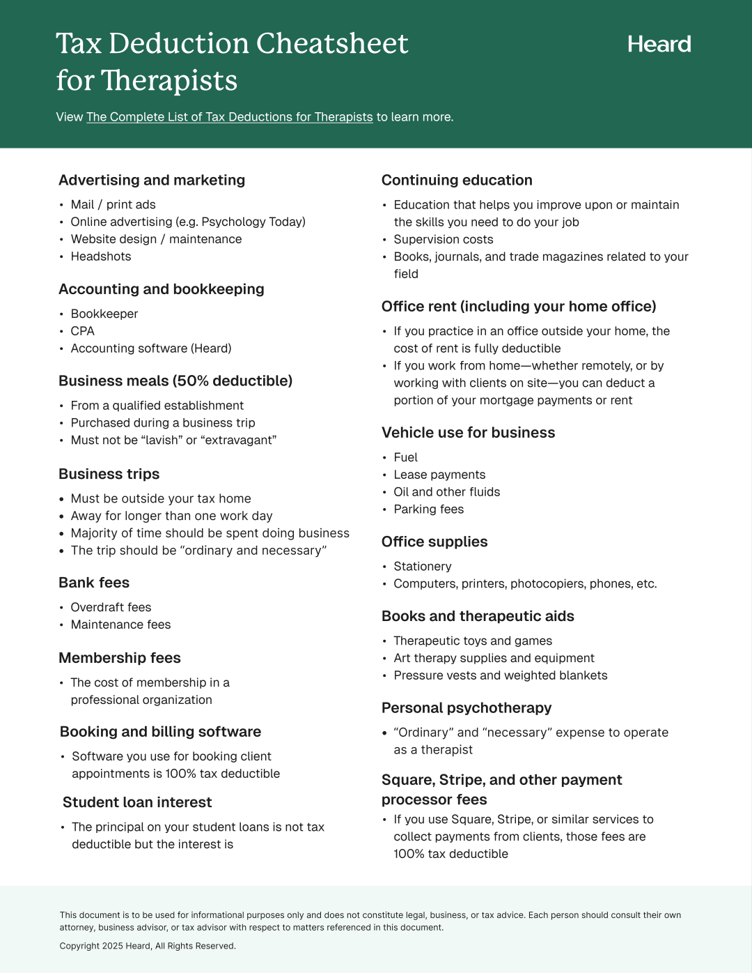 Tax Deduction Cheatsheet for Therapists